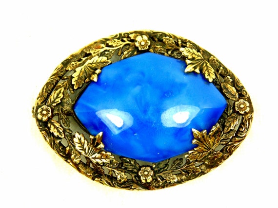 Antique Edwardian Blue Glass Brass Brooch - image 1