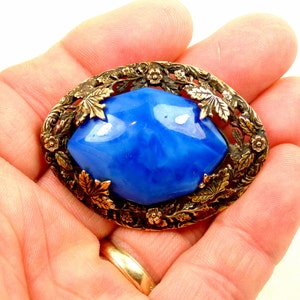 Antique Edwardian Blue Glass Brass Brooch image 4