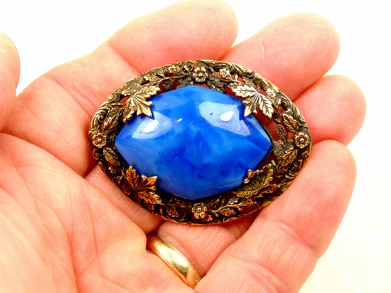 Antique Edwardian Blue Glass Brass Brooch - image 4