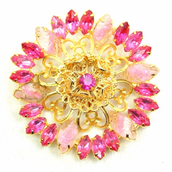 Pink Flower Brooch, Vintage Givre Cabochon, Gold Tone Filigree, Riveted Center