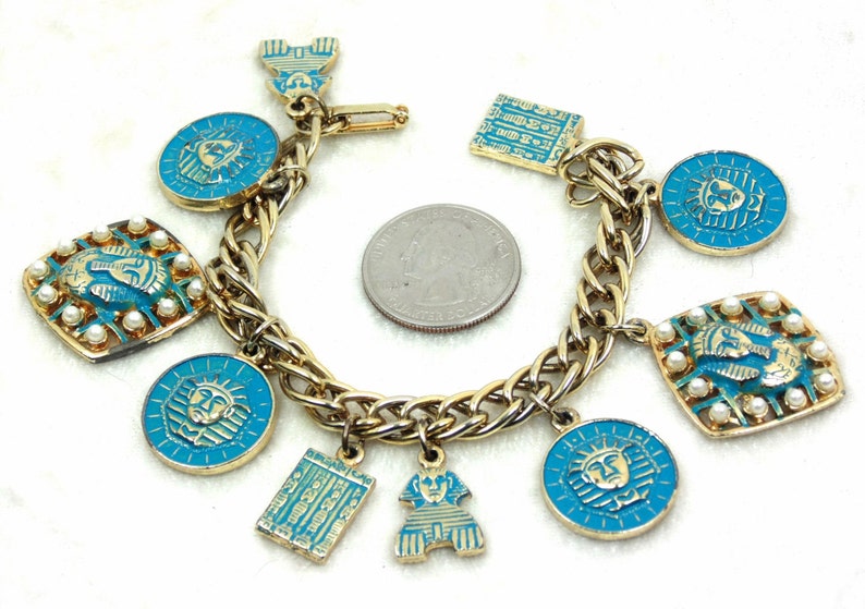 Egyptian Charm Bracelet With Blue Enameled King Tut Gold Tone | Etsy