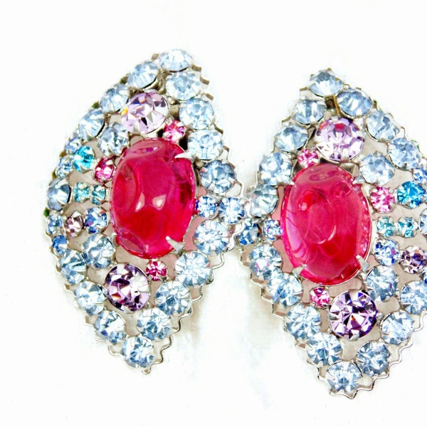 Rhinestone Schauer Earrings, Pink, Blue & Purple, Large Vintage Clip on, Rhodium Plated