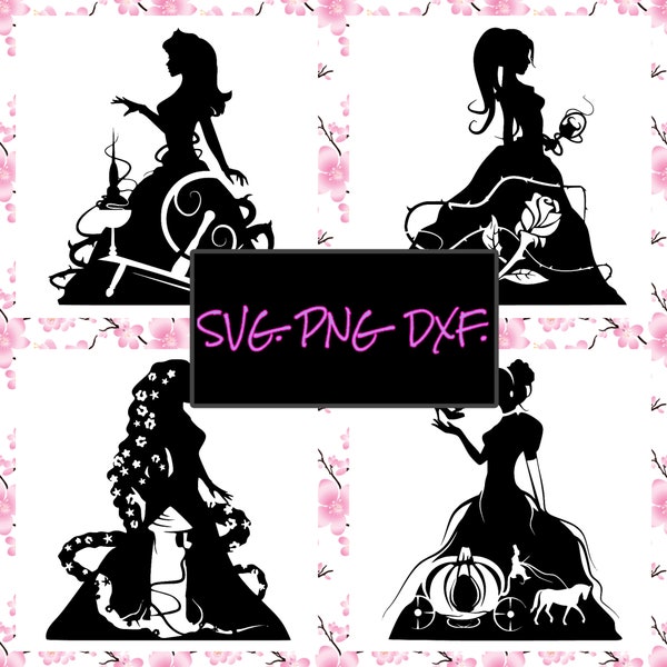 Princess silhouette insert character files of svg, png, dxf, files of Likeness of Aurora, Belle, Rapunzel and Cinderella!