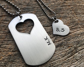 couples dog tag necklace with cut out heart