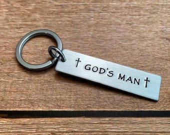God’s Man Hand Stamped Sunday School class Light Weight Aluminum Rectangle key chain Best Friend Boyfriend Husband Christian Sunday school