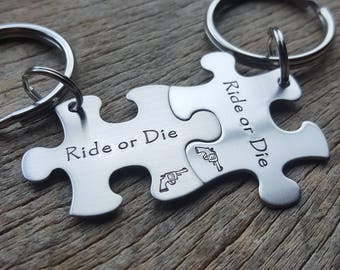 Ride or Die Puzzle Piece Key chain Set - Hand Stamped Stainless Steel Couples set/ Best Friends Gift