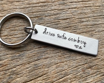 Drive Safe Cowboy Aluminum Key chain Hand stamped with Initial Anniversary/ Boyfriend/ Husband/ Perfect Gift / Horse/ Bull Rider