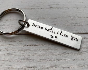 Drive Safe I Love You Customizable Initial Hand Stamped Light Weight  Aluminum Travel key chain Best Friend Boyfriend Girlfriend  Christmas