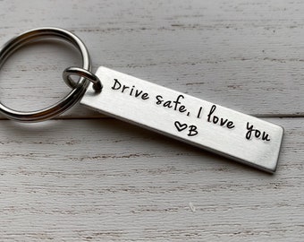 Drive Safe I Love You Customizable Initial Hand Stamped Light Weight  Aluminum Travel key chain Best Friend/Boyfriend/Girlfriend / Christmas