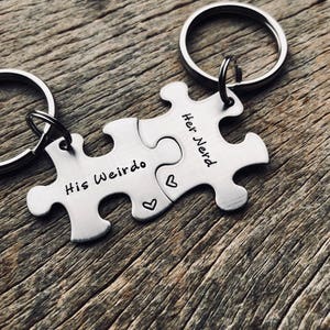 Customizable His Weirdo Her Nerd Puzzle Piece Key Chain Set  Hand Stamped Personalized His and Hers Set Couples gift Anniversary Gift