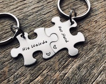 Customizable His Weirdo Her Nerd Puzzle Piece Key Chain Set  Hand Stamped Personalized His and Hers Set Couples gift Anniversary Gift