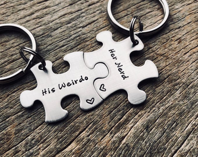 Hand Stamped Puzzle Piece Keychain Set: His Weirdo, Her Nerd