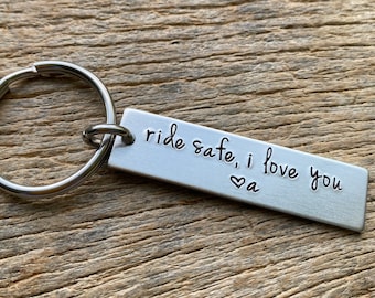 Ride Safe Customizable Hand Stamped Light Weight  Aluminum Rectangle  key chain Best Friend/Boyfriend/ Motorcyclist / New Driver