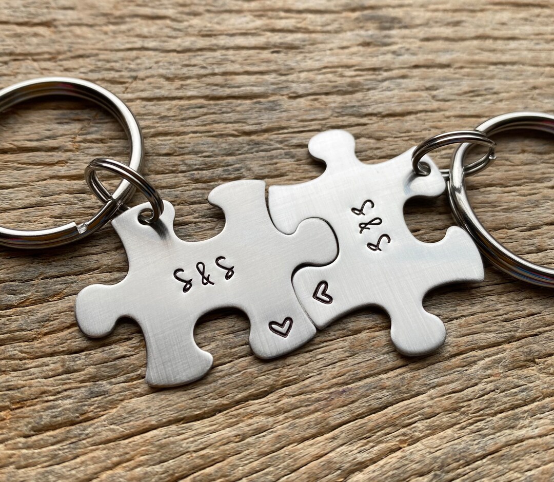 Couples Keychain Set: Stainless Steel Puzzle Piece, Personalized ...