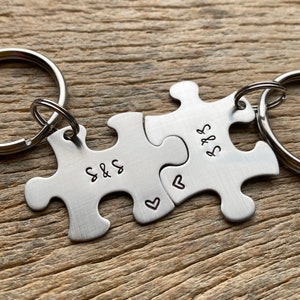 Set of 2 Stainless Steel Puzzle Piece Key Chain Set With couples Initials Anniversary Gift Boyfriend/ Girlfriend/ Husband / Wife / Birthday