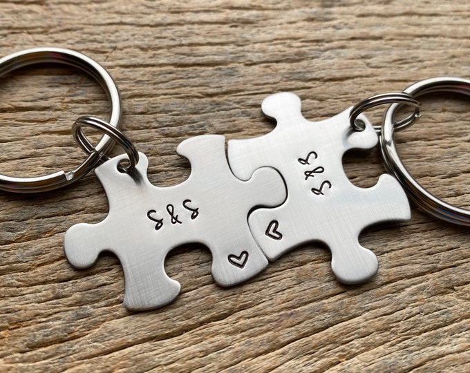 Couples Keychain Set: Stainless Steel Puzzle Piece, Personalized Initials