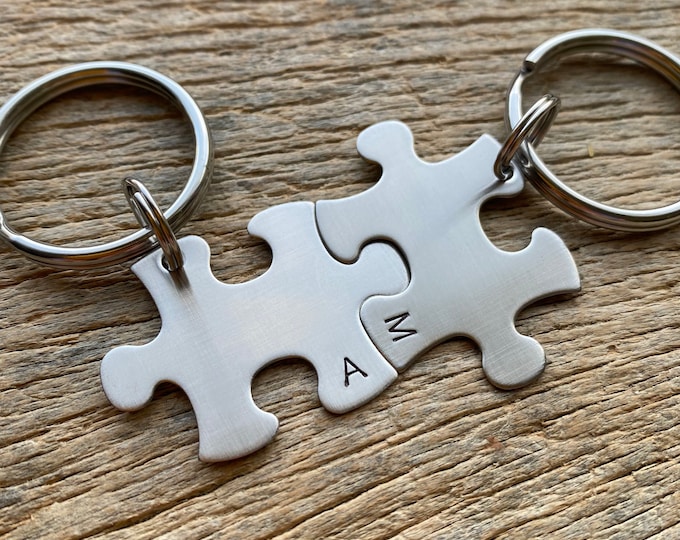 Puzzle Piece INITIALS ONLY  Key Chains - Choose Your Quantity - Bridesmaids - Best Friends - Hand Stamped