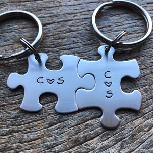 Couples Initial Puzzle Piece Key Chain Set Hand Stamped Couples Set His and Hers Husband / Wife /Boyfriend / Girlfriend / anniversary Gift