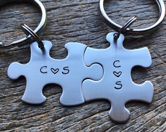 Couples Initial Puzzle Piece Key Chain Set Hand Stamped Couples Set His and Hers Husband / Wife /Boyfriend / Girlfriend / anniversary Gift