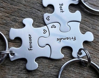 Customizable Best Friends Forever Hand Stamped Stainless Steel Puzzle Piece Set of 3  Key chains High School College Coworkers Gift