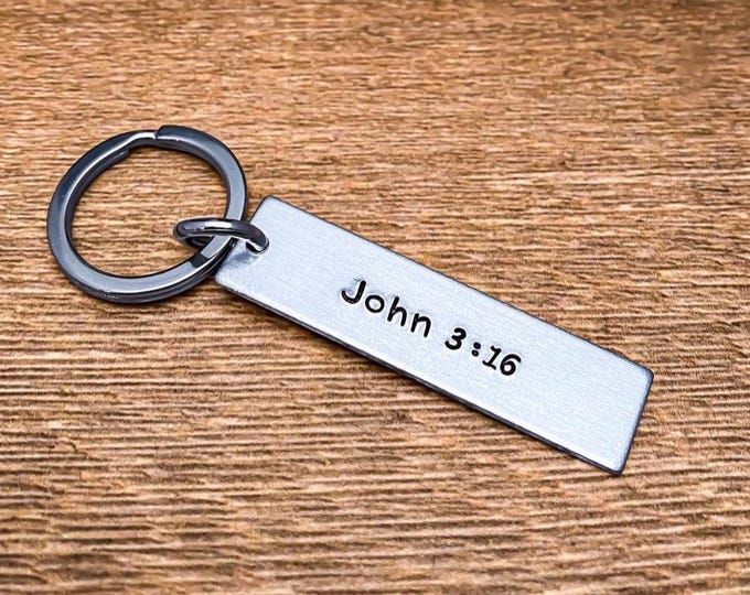 John 3:16 Bible Verse Customizable Hand Stamped Light Weight  Rectangle  key chain Best Friend Boyfriend Girlfriend Christian Church Baptism