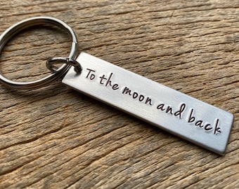 Customizable To The Moon And Back Hand Stamped Light Weight  Aluminum Rectangle  key chain Long distance friendship Relationship