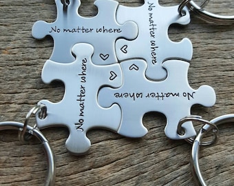 Customized No matter where long distance relationship/ family/ friends / College Moving Hand Stamped  Stainless Steel Puzzle Piece Key Chain