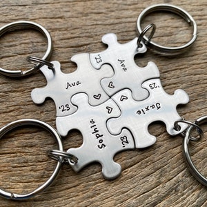 May include: A set of four silver puzzle piece keychains with the names Ava, Sophia, and Jaxie engraved on them, along with the year '23'.