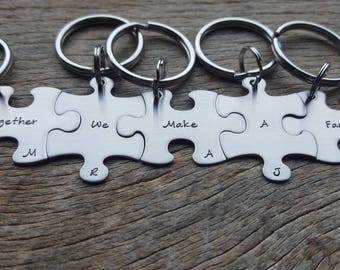 Personalized Hand Stamped set of 5 Puzzle Piece key chainsSet Together We Make a Family  Customizable Family Key Chain Set Blended Family