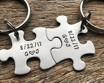 Customizable Initials and Date Puzzle Piece Key Chain Set Hand Stamped Couples Set His  and Hers