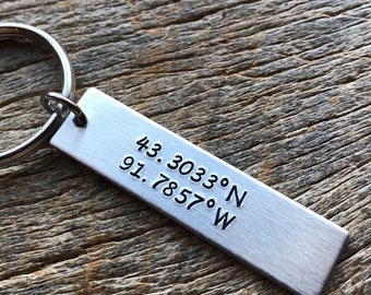 Special Place Coordinates Customizable Hand Stamped Light Weight  Aluminum Rectangle  key chain Best Friend/Boyfriend/Girlfriend /