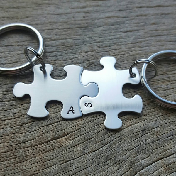 Customizable Puzzle Piece Key Chain Initials  Hand Stamped  -Bridesmaids - Best Friends initials only