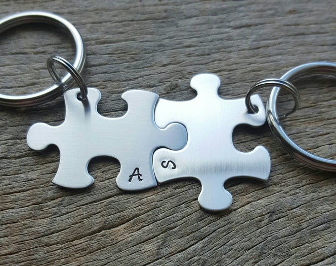 Customizable Puzzle Piece Keychains – Hand Stamped Initials for Friends, Bridesmaids