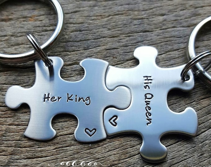 His and Hers Puzzle Keychain Set, Personalized King Queen Gift