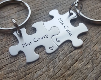 Customizable Her Crazy His Calm Puzzle Piece Key Chain Set  Hand Stamped Personalized His and Hers Set Couples gift Anniversary Gift