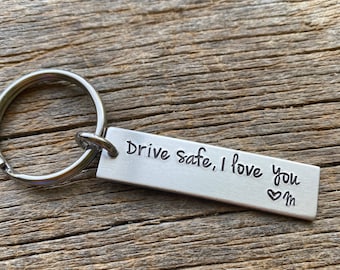 Drive Safe I Love You Customizable Initial Hand Stamped Light Weight  Aluminum Travel key chain Best Friend/Boyfriend/Girlfriend / Christmas