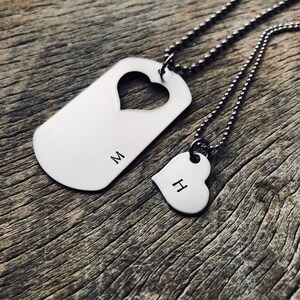 Initial Only Couples Necklace Set Dog Tag with Heart Cutout  Hand Stamped  His and Her Gift For Her/Him Anniversary