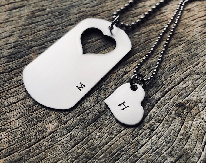 Hand Stamped Initial Necklace Set, Dog Tag with Heart Cutout