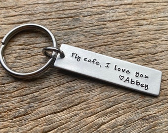 Fly Safe I Love You Customizable Hand Stamped Light Weight  Aluminum Rectangle  key chain Best Friend Boyfriend Pilot Airplane