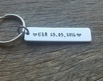 Initials and Date Hand Stamped Thick Aluminum Rectangle  key chain on stainless steel ring Couples Gift/Anniversary/Birthday/gift for Him