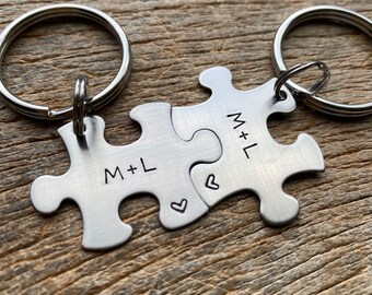 Customizable Initials  Hand Stamped Puzzle Piece His and Hers  Keychain Couples Set