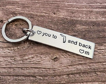 Love you to your state and back keychain college grad budget gift for him for her key chain custom state long distance relationship