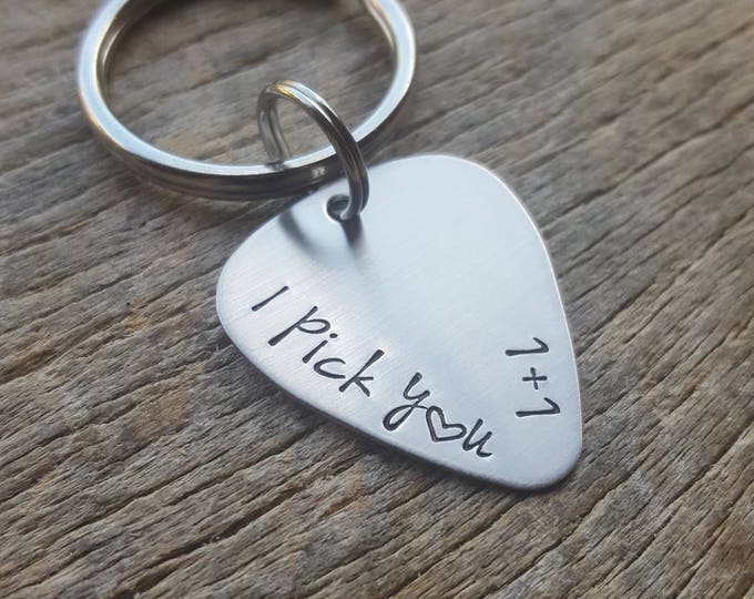 Personalized Guitar Pick Key Chain I Pick You with Initials Customizable  - Hand Stamped Stainless Steel Wedding Anniversary gift for him