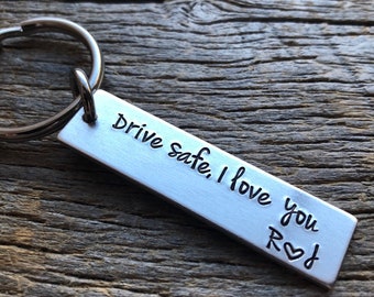 Drive Safe I Love You With Initials Customizable Hand Stamped Light Weight  Aluminum Rectangle  key chain Best Friend Boyfriend Girlfriend