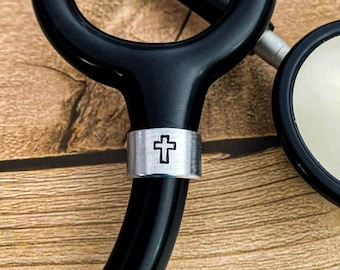 Hand Stamped Aluminum Stethoscope Tag - Christian Cross Charm