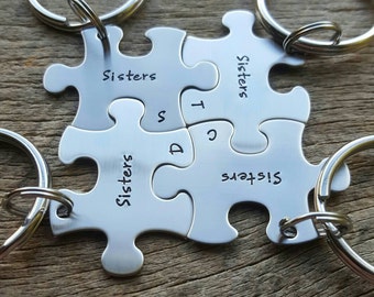 Sisters Puzzle Piece Key Chains with Initials Hand Stamped Stainless Steel  - Choose Your Quantity