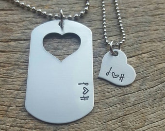 Customizable Couples Initals Only Necklace Set Hand Stamped Dog Tag and Heart Necklace Set His and Hers  Military Spouse Anniversary