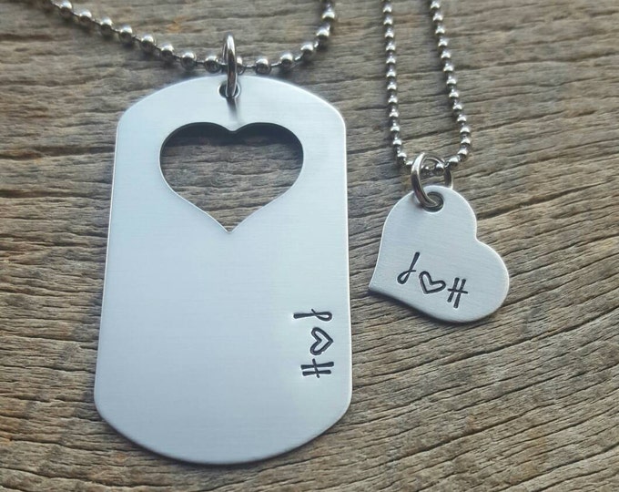 Custom Initial Necklace Set, Hand Stamped Dog Tag & Heart Pendant
