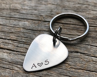 Personalized Initials Only Guitar Pick Key Chain Hand Stamped Customizable Musician Anniversary Gift Graduation Gift for Him