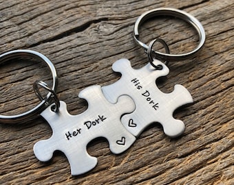 His Dork Her Dork Puzzle Piece Key Chain Set  Hand Stamped Personalized His and Hers Set Couples gift Anniversary Gift